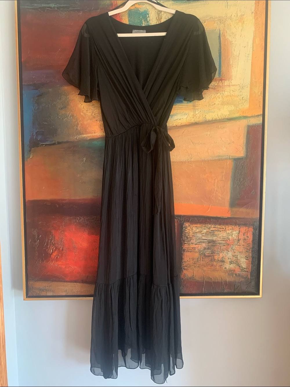Lara G, Black Pleated Silk-Blend Faux Wrap Maxi Dress - Size M